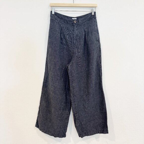 Halston 100% Linen High Rise Wide Leg Trouser Pants Lagenlook Casual Navy Blue 8 - Picture 1 of 9